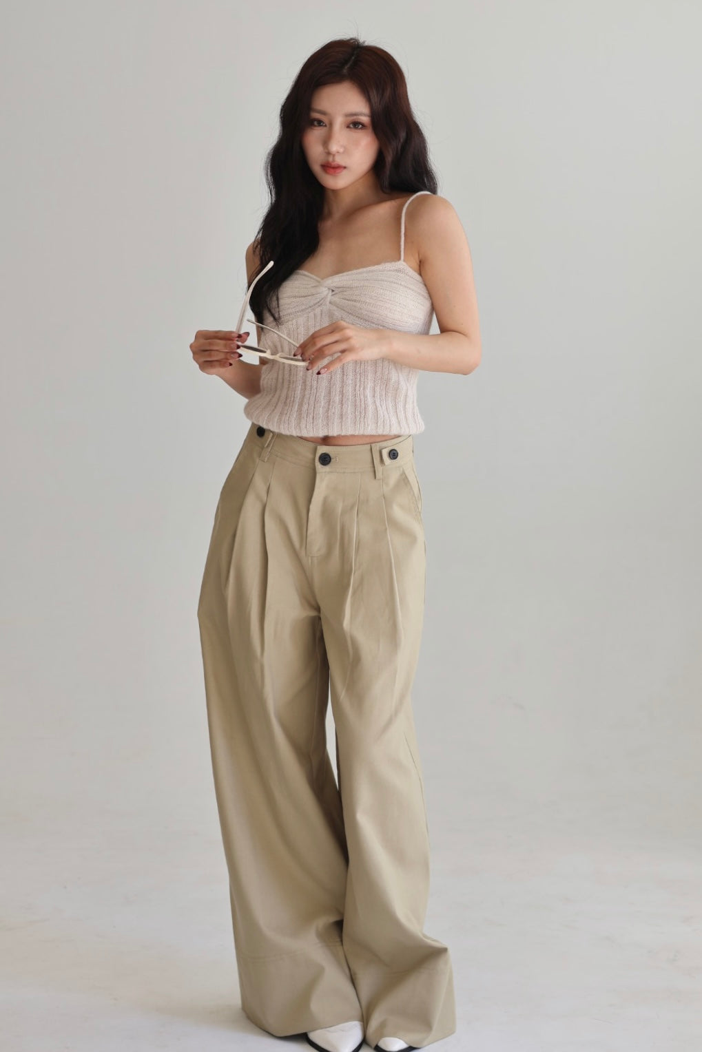 挺版打褶闊腿褲-杏綠