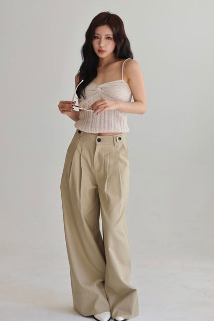 挺版打褶闊腿褲-杏綠