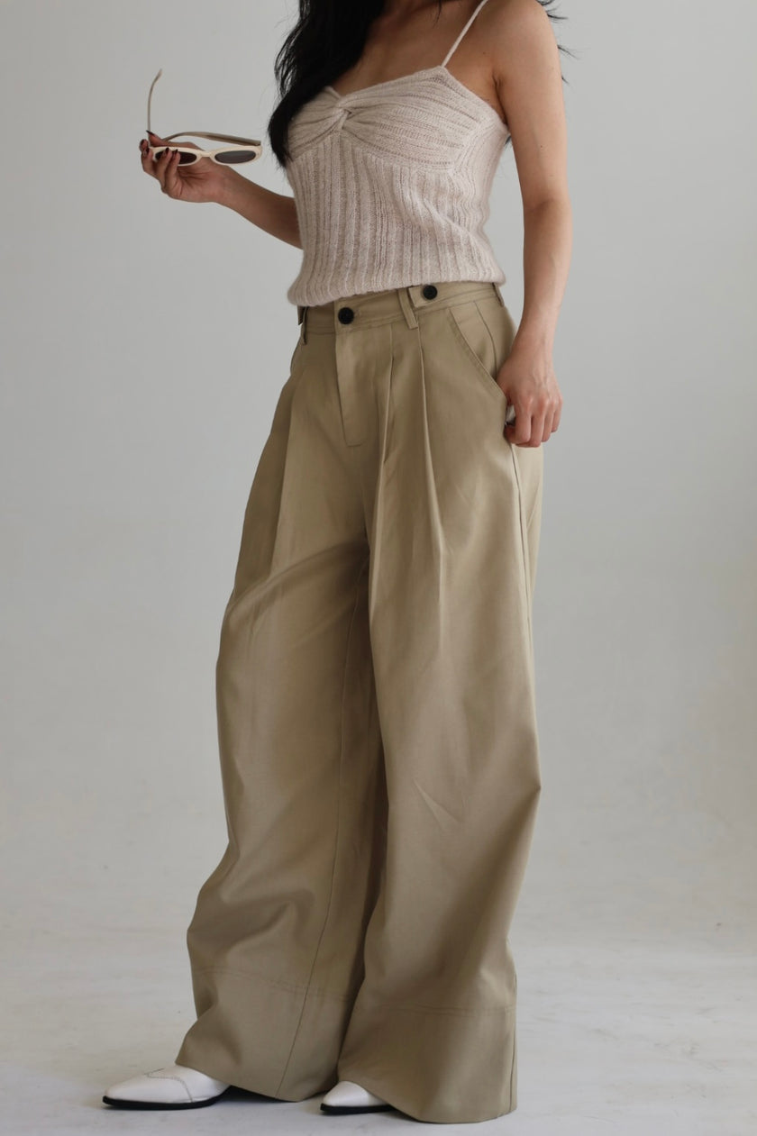 挺版打褶闊腿褲-杏綠