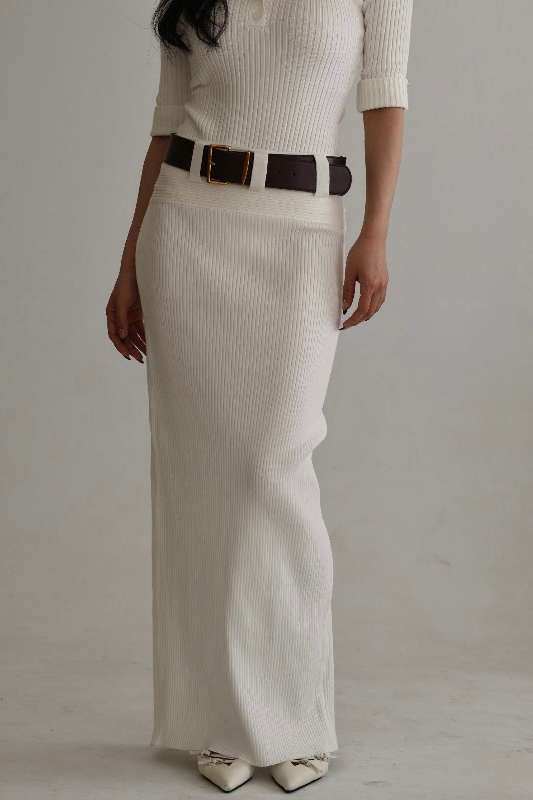 羅紋針織腰帶半裙-白