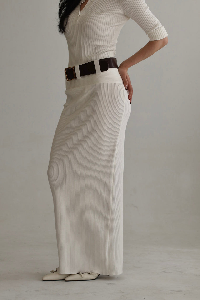 羅紋針織腰帶半裙-白