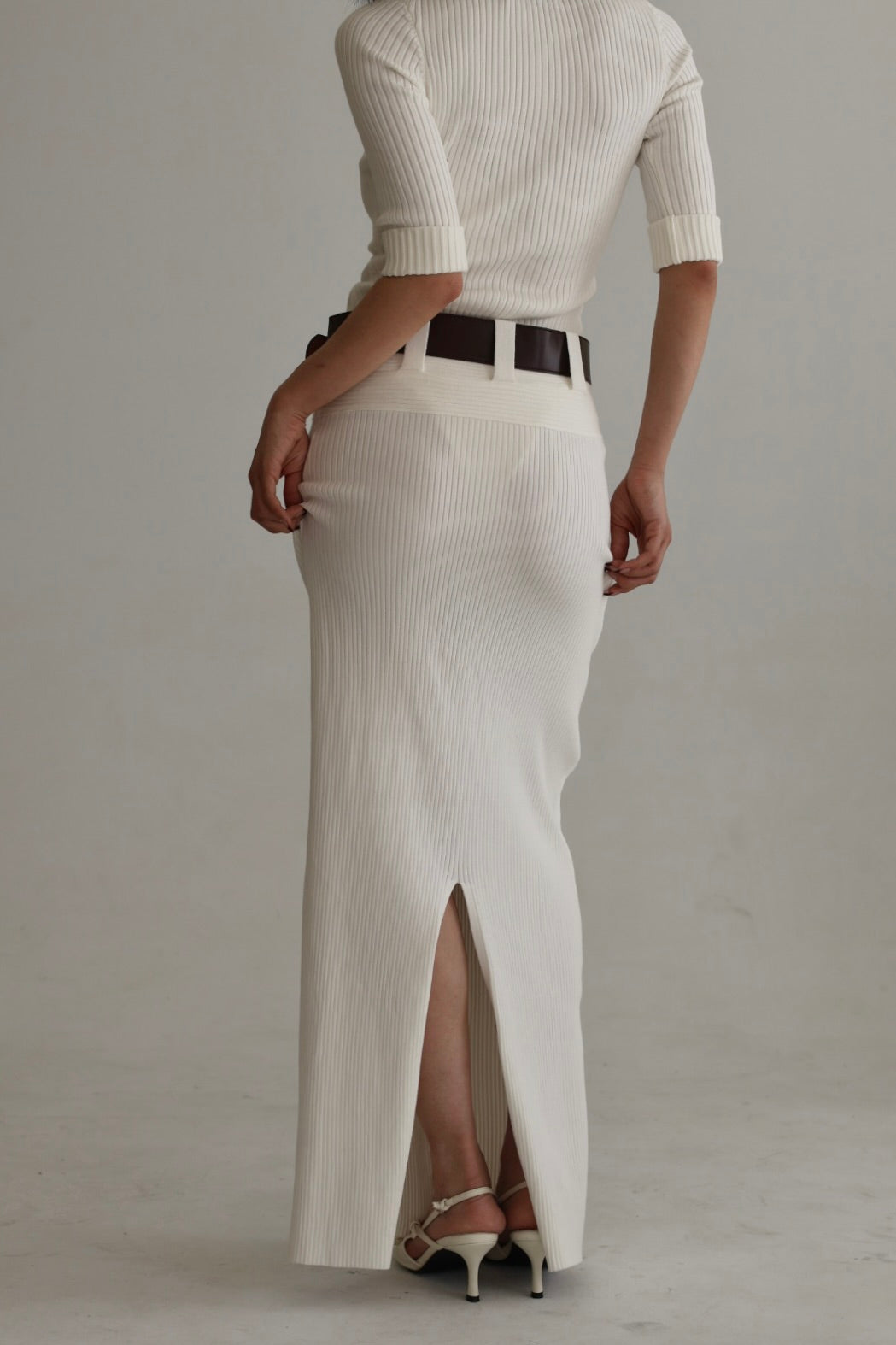 羅紋針織腰帶半裙-白
