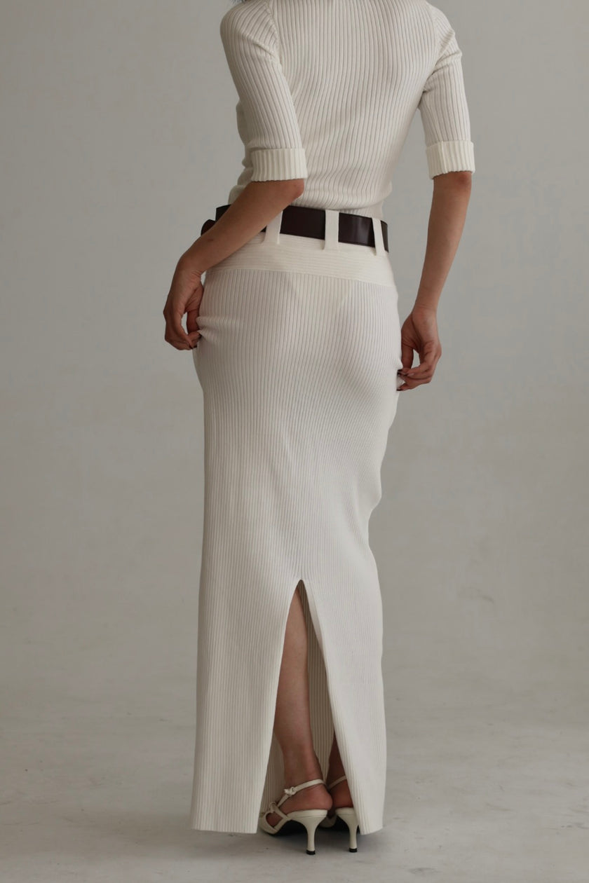 羅紋針織腰帶半裙-白