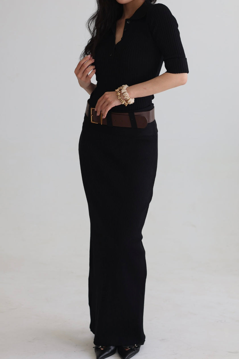 羅紋針織腰帶半裙-黑