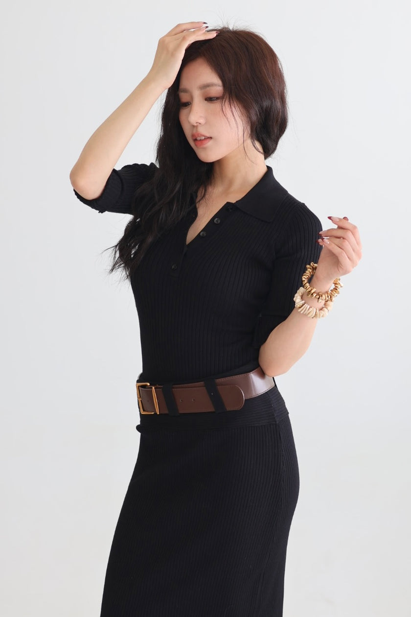 羅紋polo連體針織上衣-黑