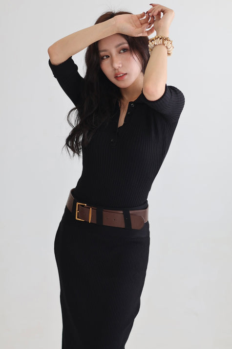 羅紋polo連體針織上衣-黑