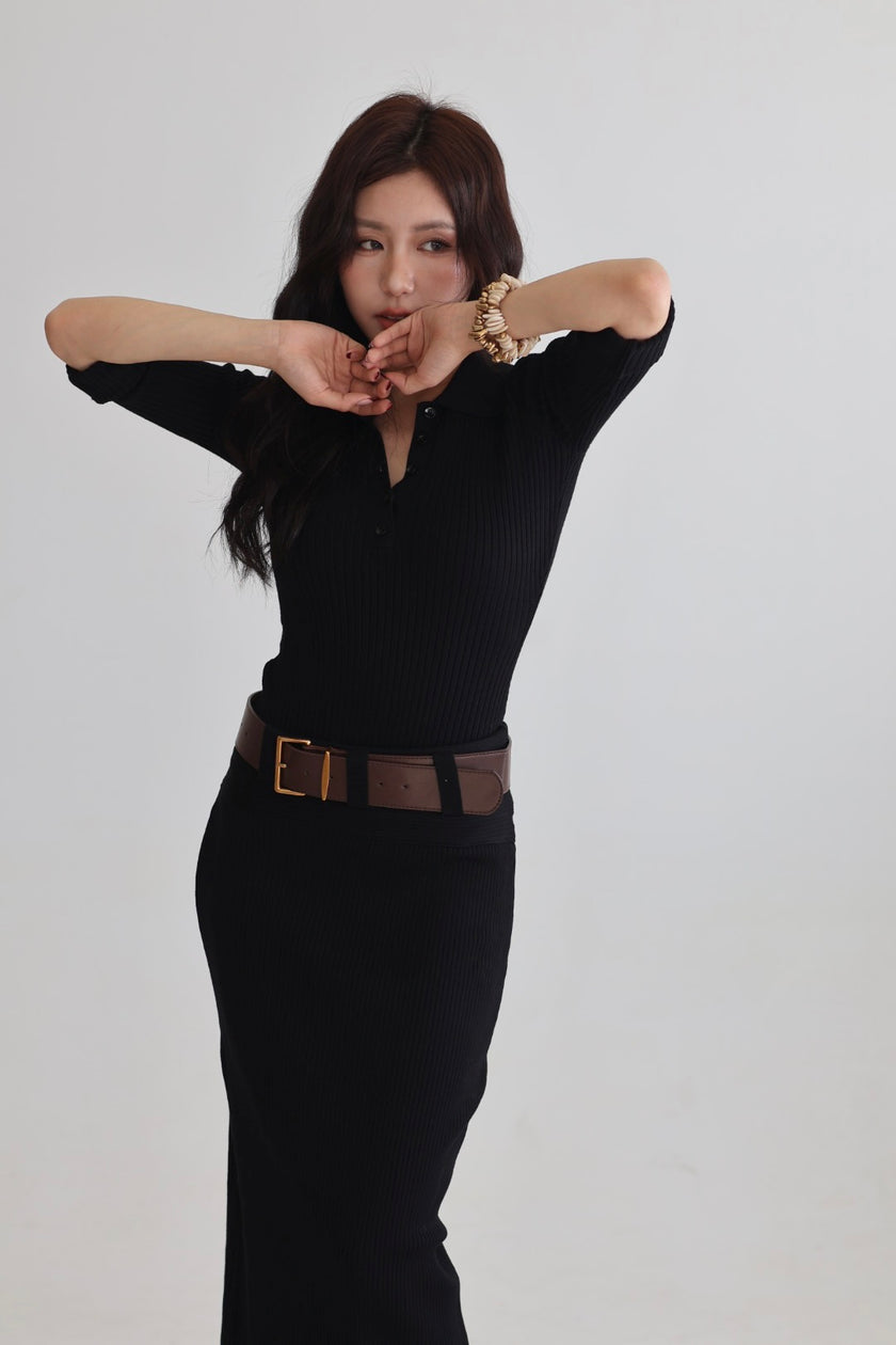 羅紋polo連體針織上衣-黑