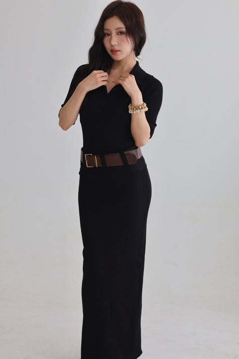 羅紋針織腰帶半裙-黑