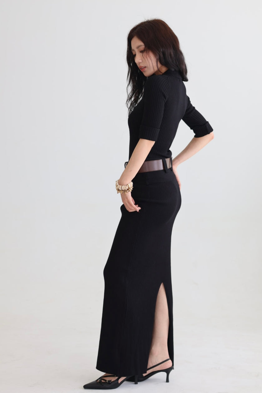 羅紋polo連體針織上衣-黑