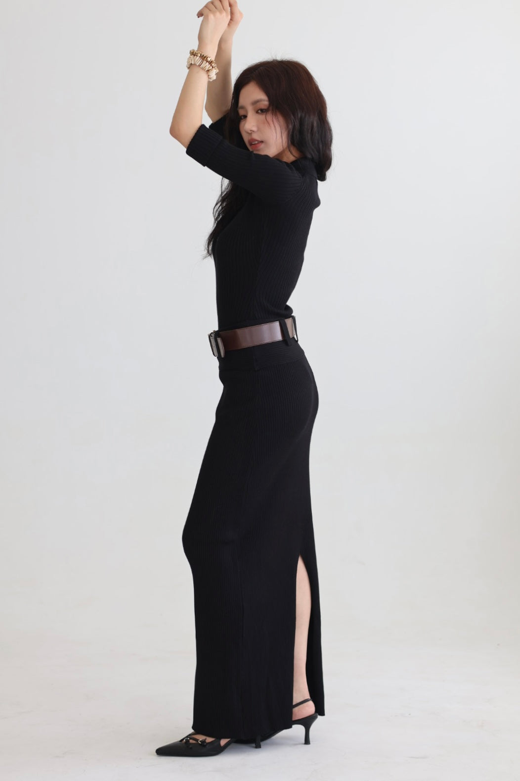 羅紋針織腰帶半裙-黑