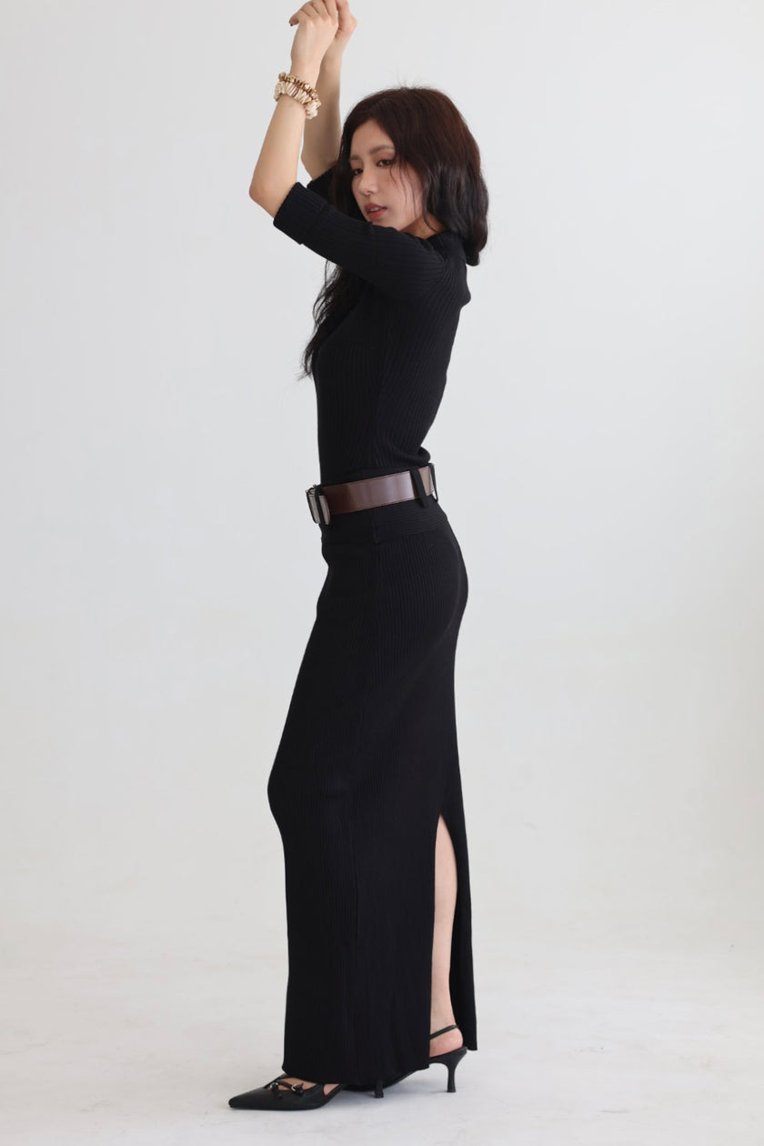 羅紋針織腰帶半裙-黑