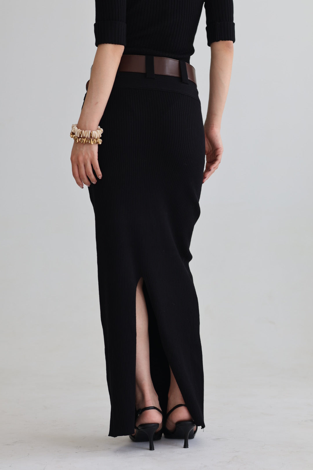 羅紋針織腰帶半裙-黑