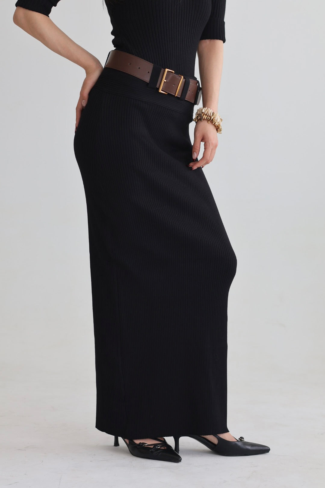 羅紋針織腰帶半裙-黑