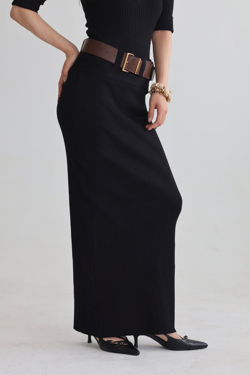 羅紋針織腰帶半裙-黑