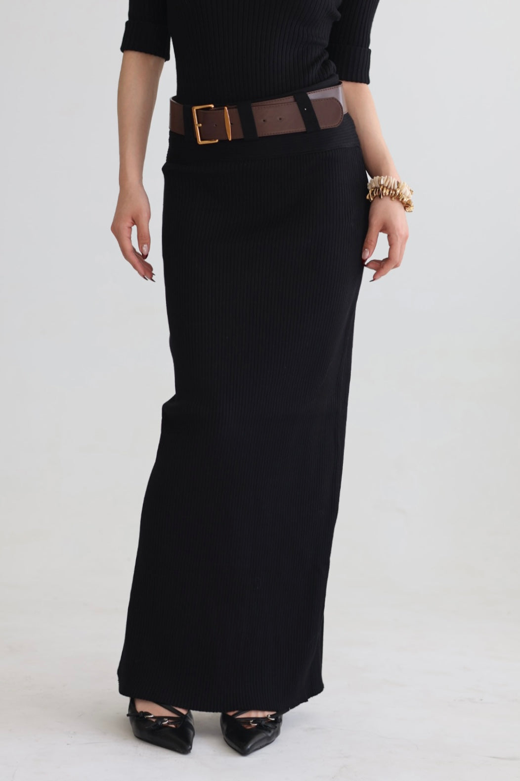 羅紋針織腰帶半裙-黑
