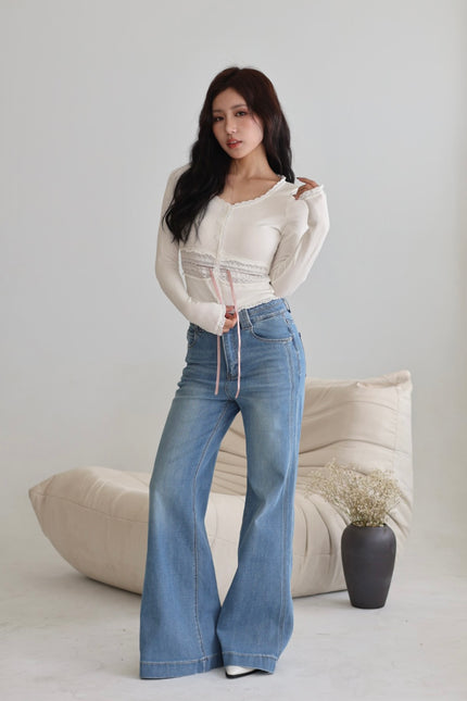 萊卡彈力牛仔喇叭褲-藍