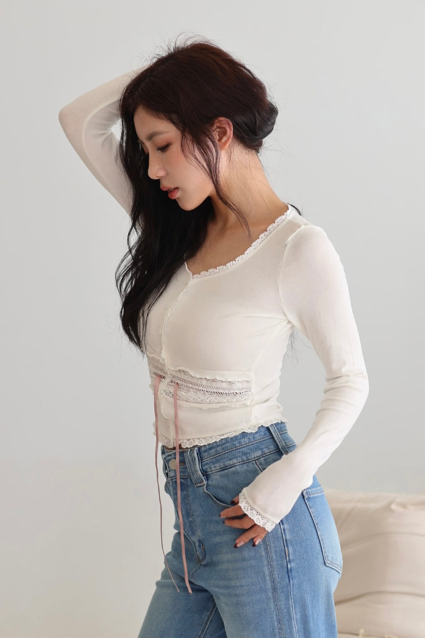 芭蕾風蕾絲緞帶上衣-白