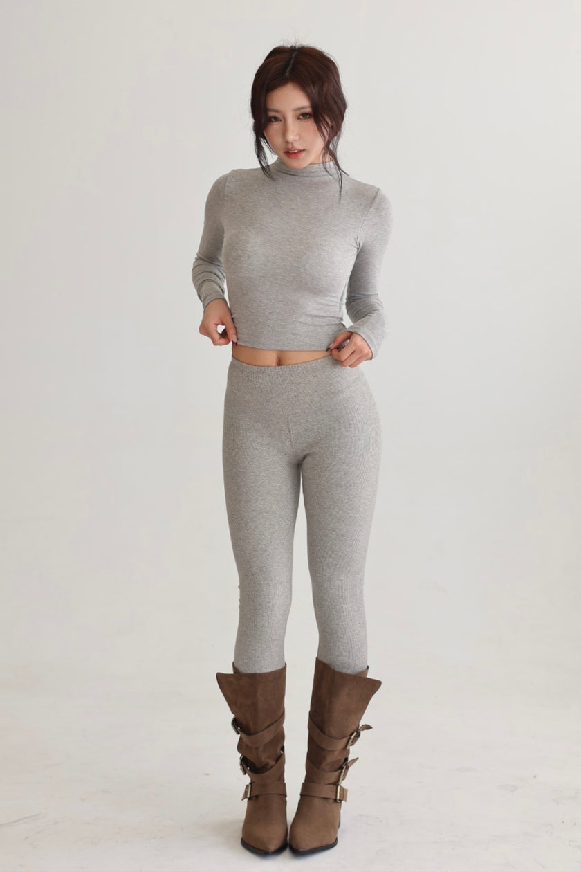 高腰微絨彈力小腳褲-灰