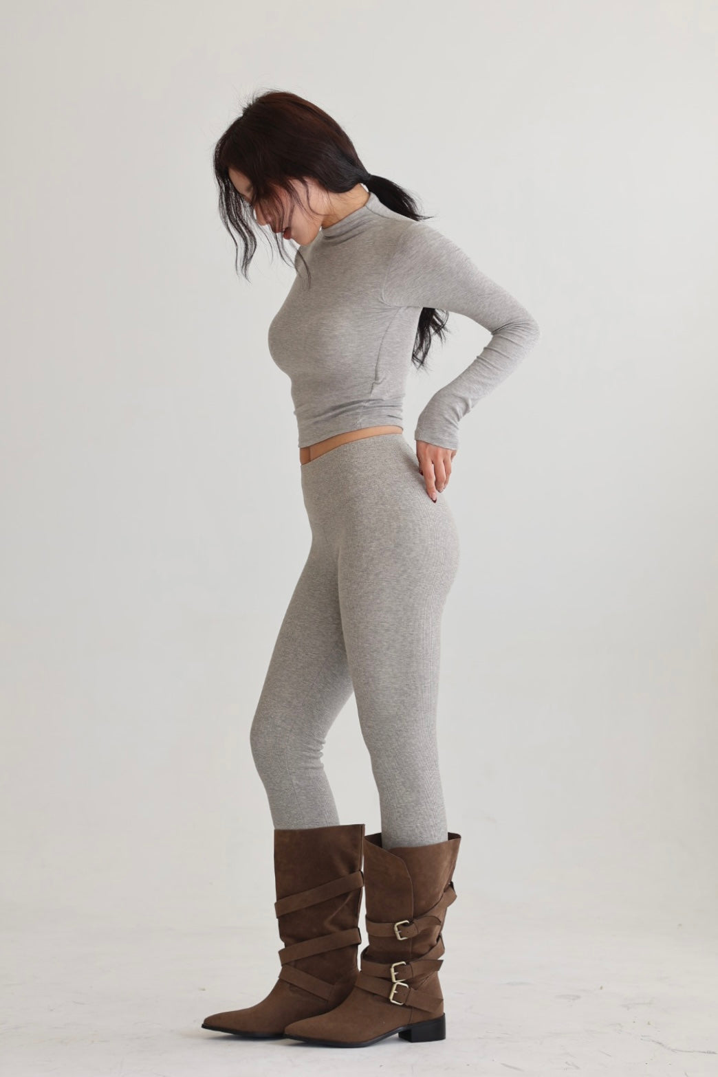 高腰微絨彈力小腳褲-灰