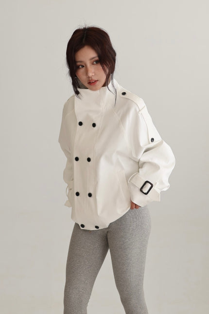 立領雙排釦風衣外套-白