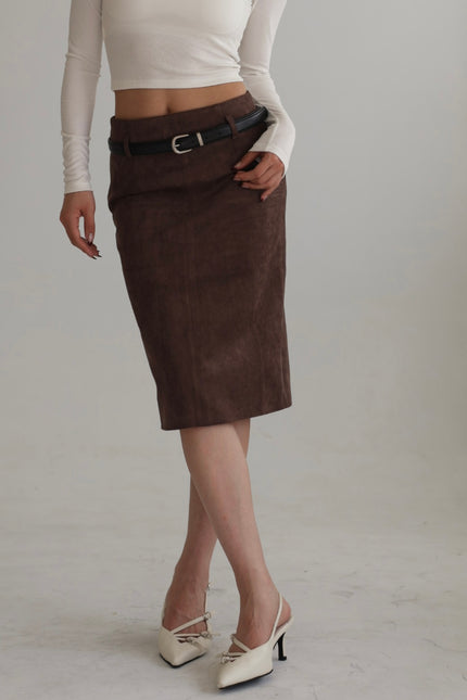 麂皮後開衩鉛筆裙-咖灰