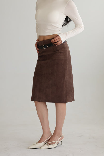 麂皮後開衩鉛筆裙-咖灰