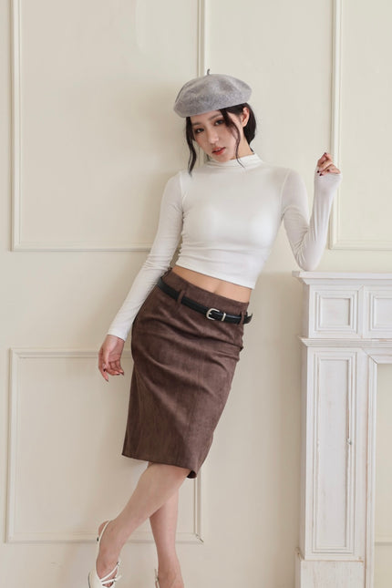 麂皮後開衩鉛筆裙-咖灰