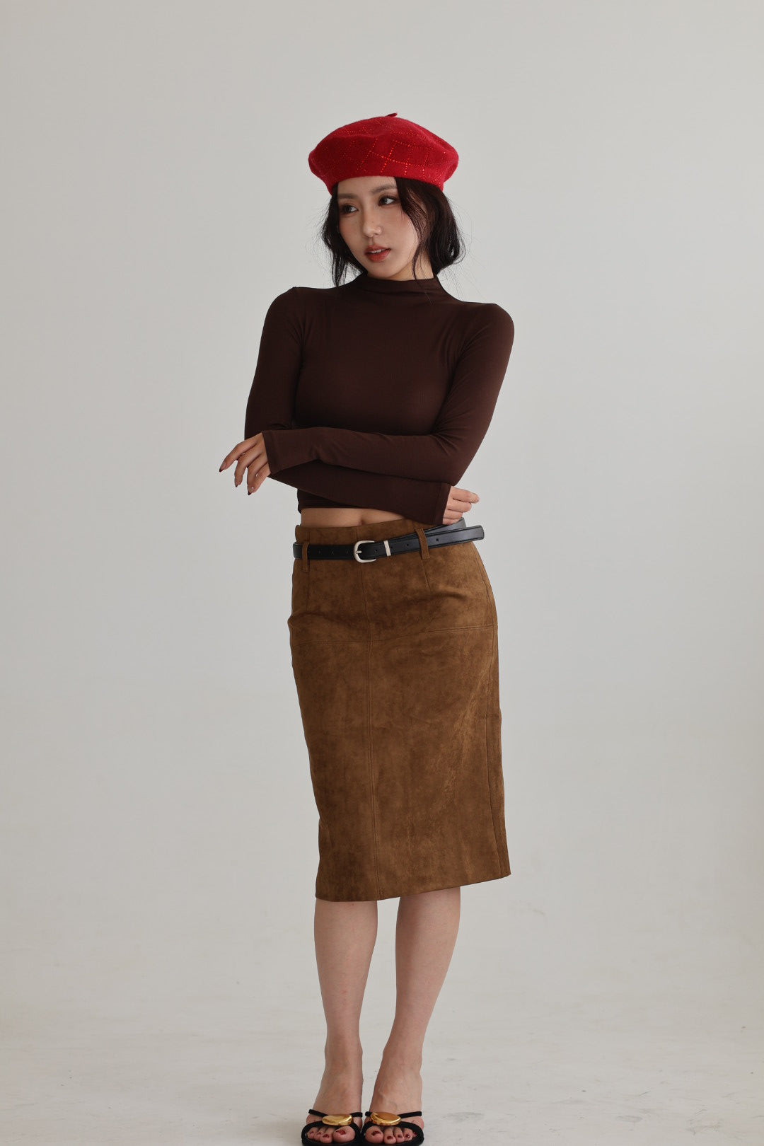 麂皮後開衩鉛筆裙-棕