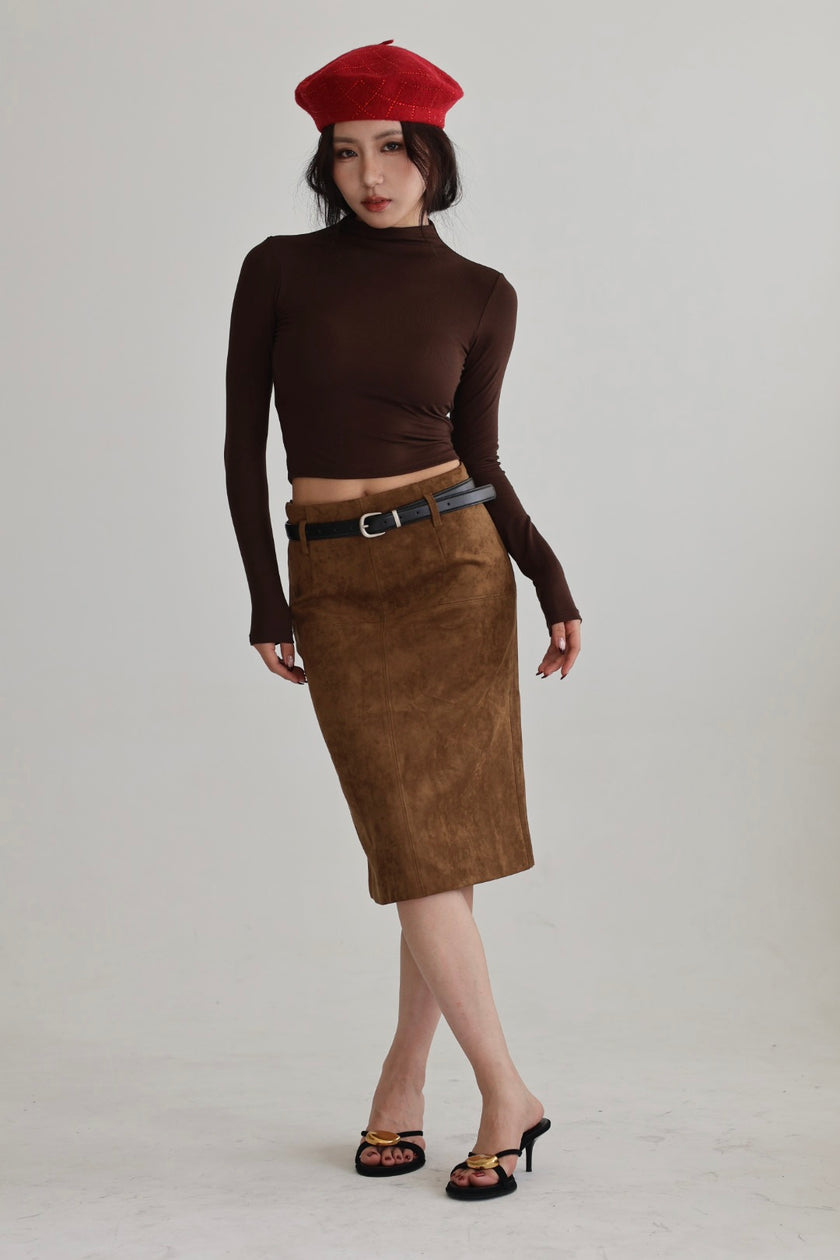 半高領胸墊短版上衣-咖