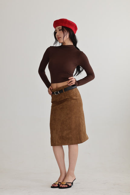 麂皮後開衩鉛筆裙-棕