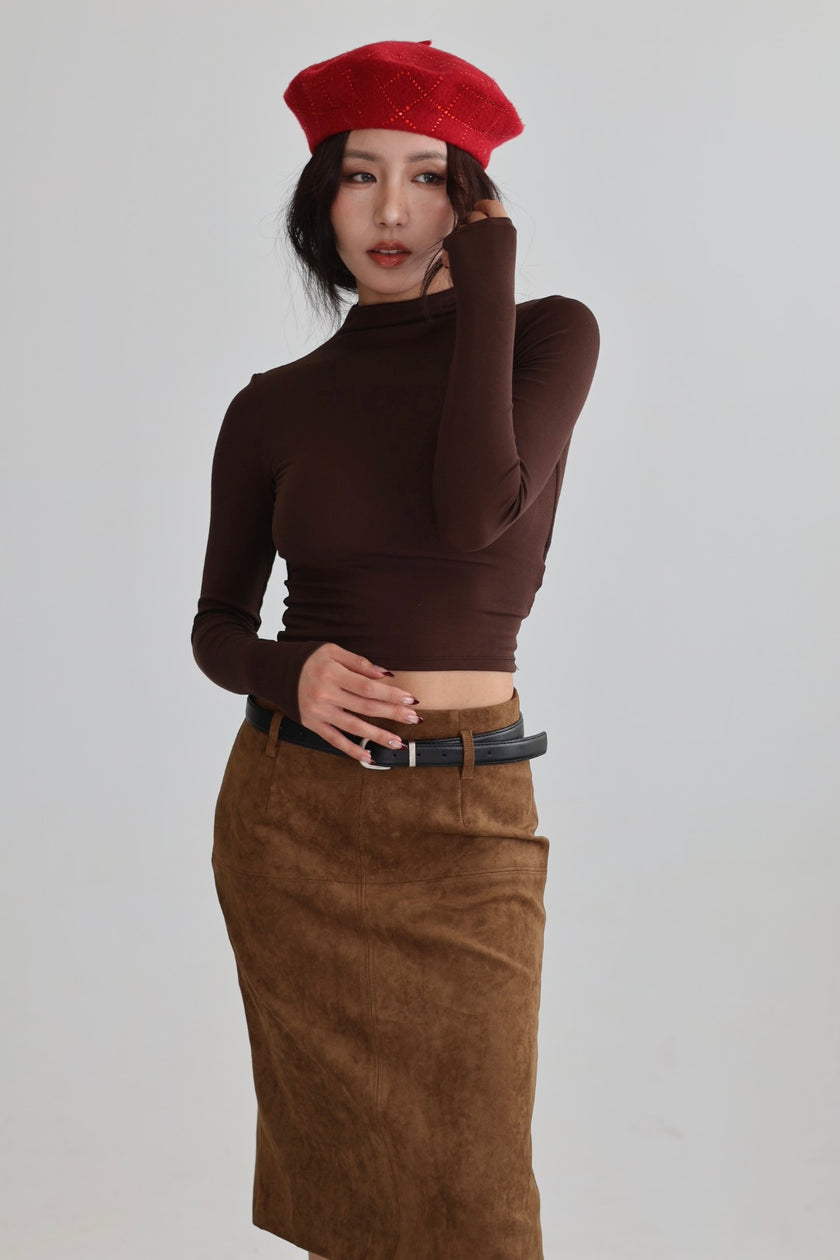 半高領胸墊短版上衣-咖