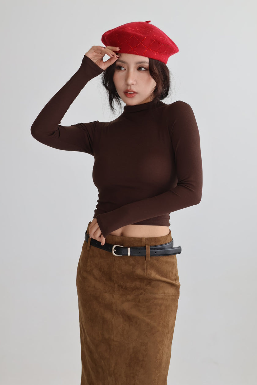 半高領胸墊短版上衣-咖