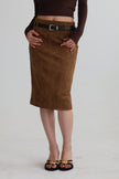 麂皮後開衩鉛筆裙-棕