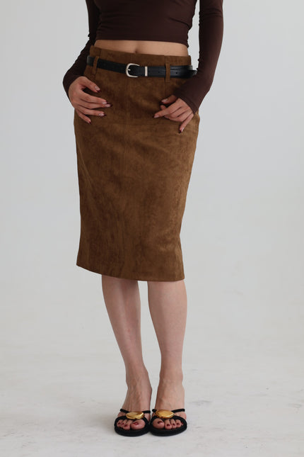 麂皮後開衩鉛筆裙-棕