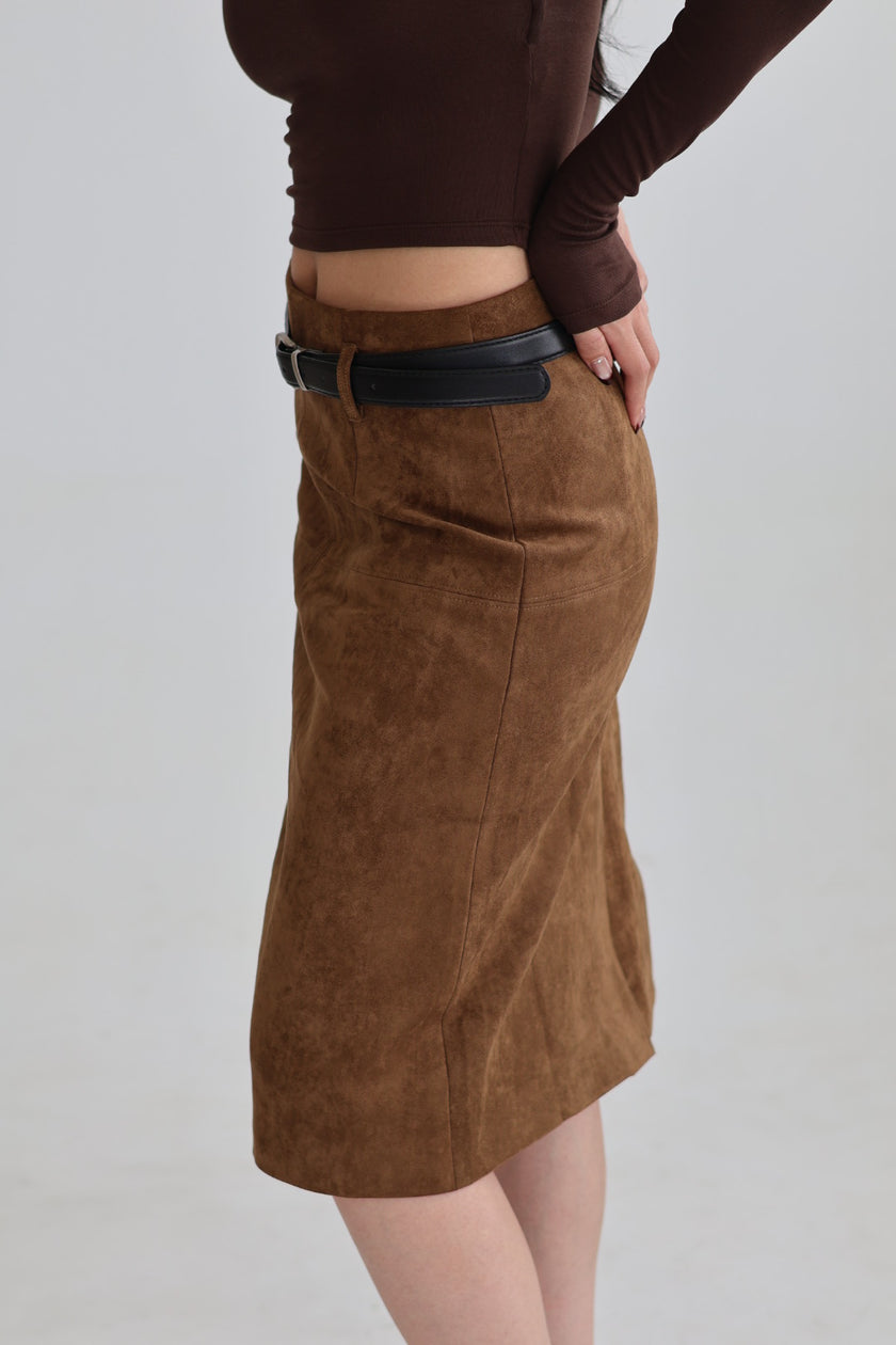 麂皮後開衩鉛筆裙-棕