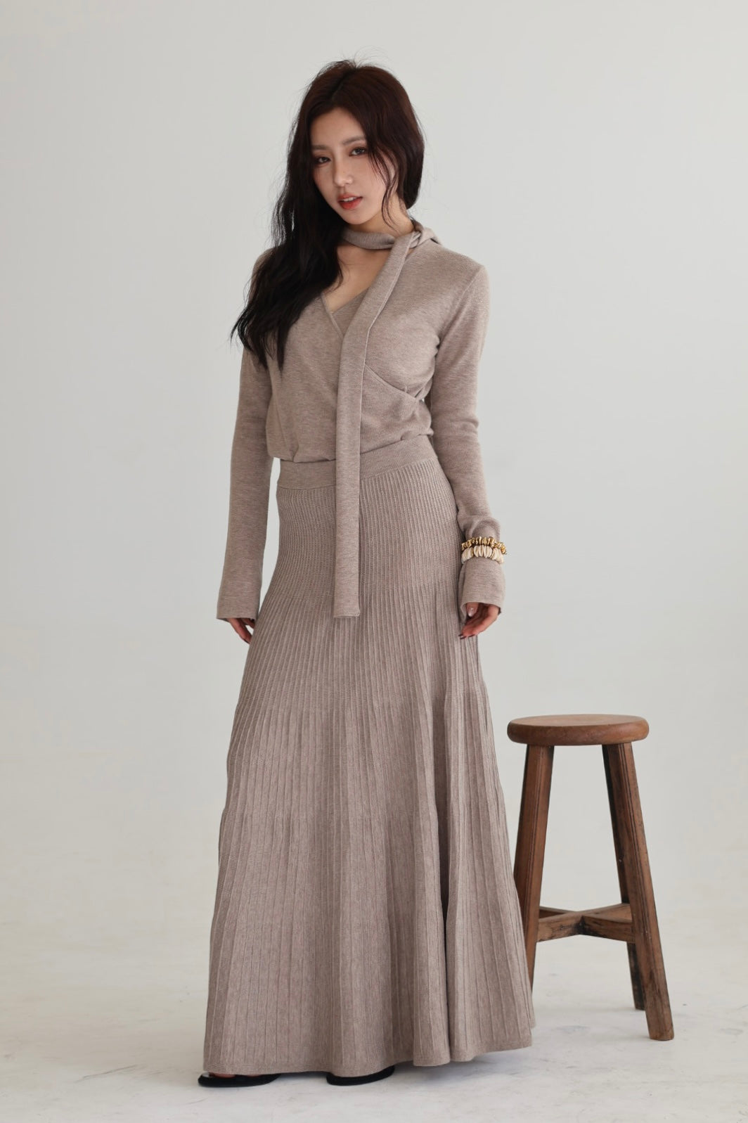 假期飄帶交叉針織上衣-杏灰