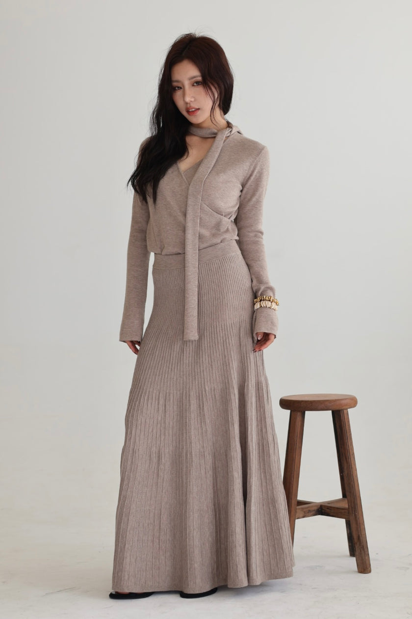 假期飄帶交叉針織上衣-杏灰