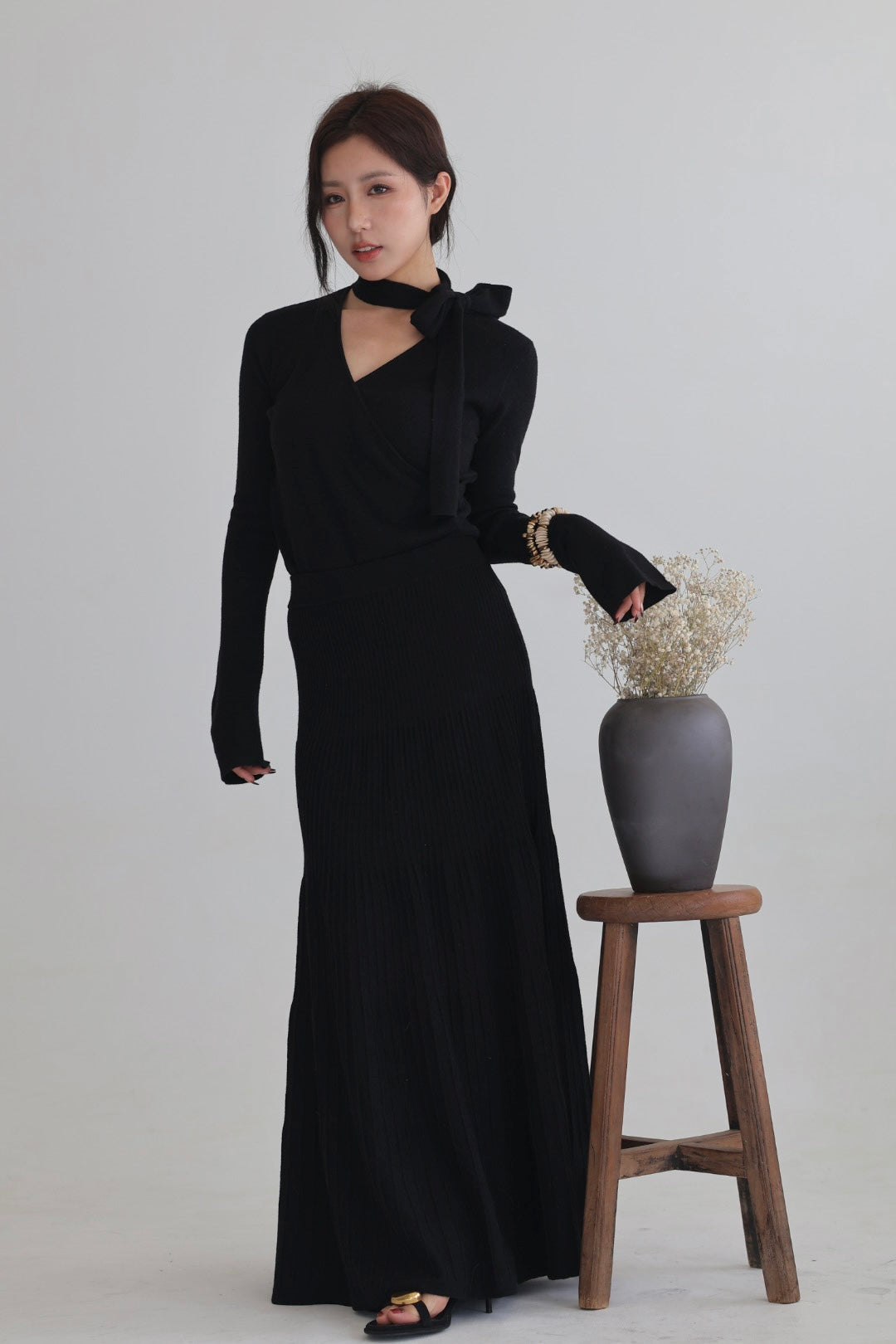 假期肌理壓褶傘裙-黑