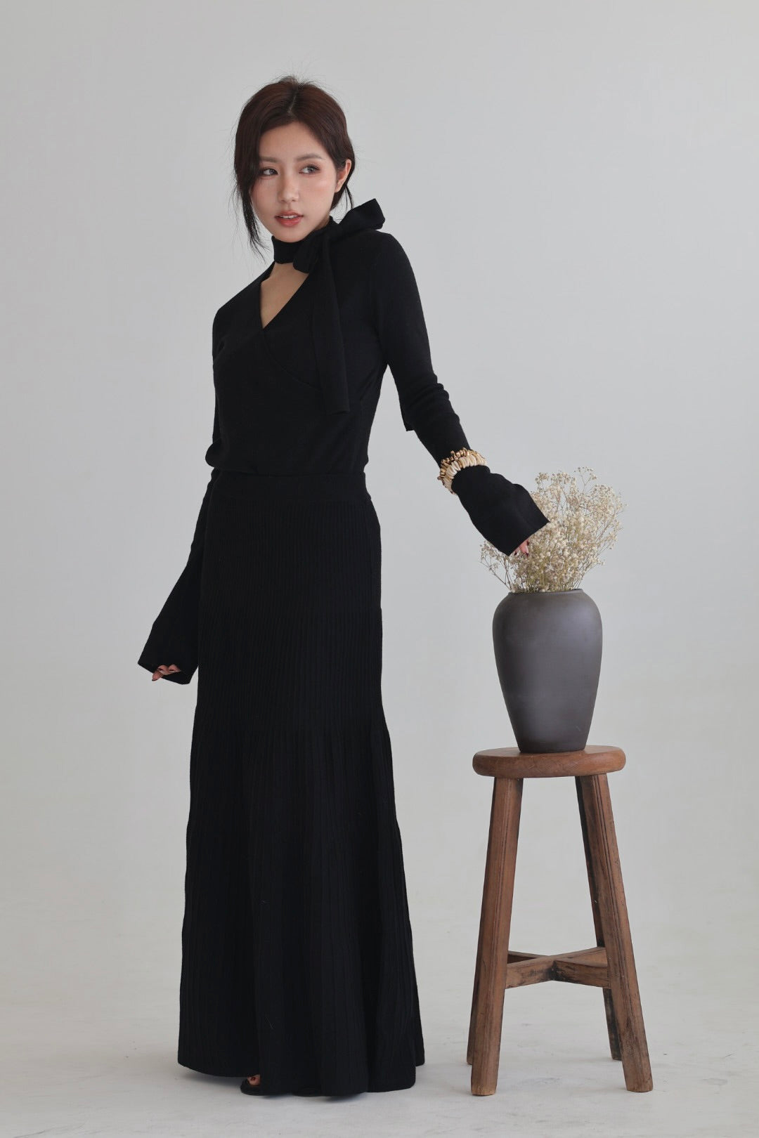 假期飄帶交叉針織上衣-黑