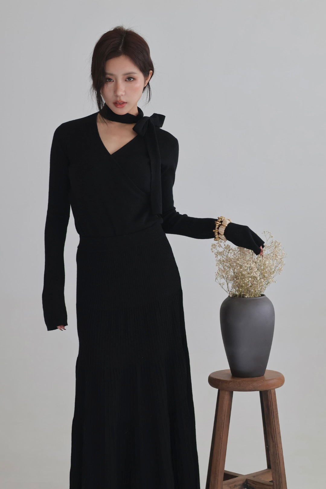 假期飄帶交叉針織上衣-黑