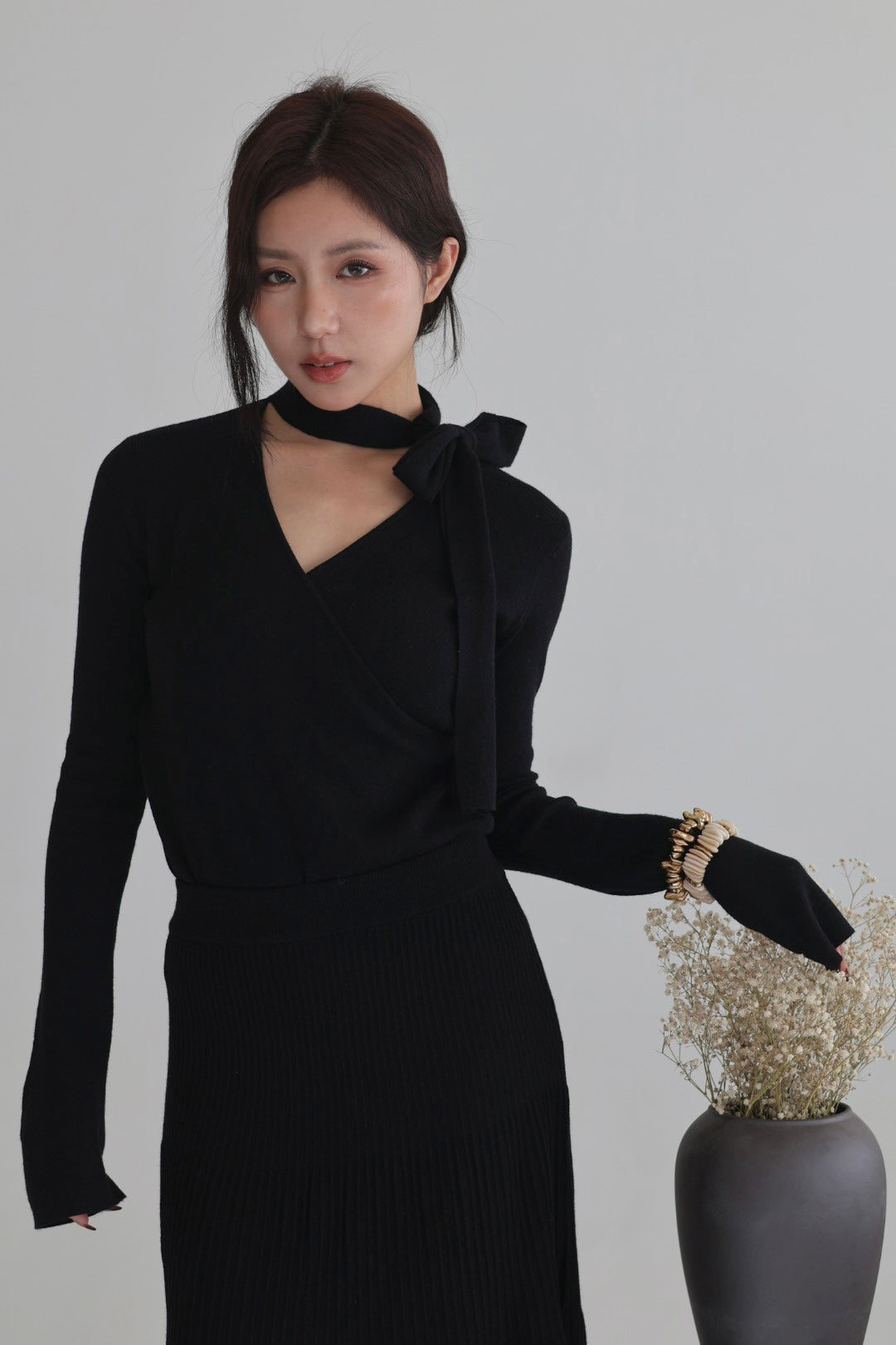 假期飄帶交叉針織上衣-黑