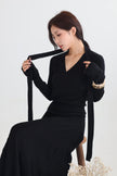假期飄帶交叉針織上衣-黑