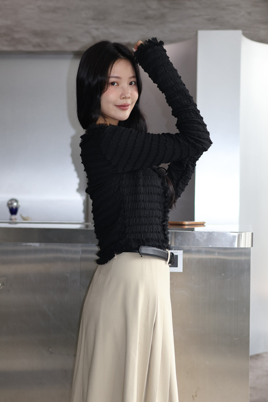 奶油層次雪紡小罩衫-黑