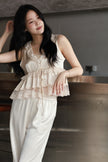 緞光蕾絲綁帶背心-杏