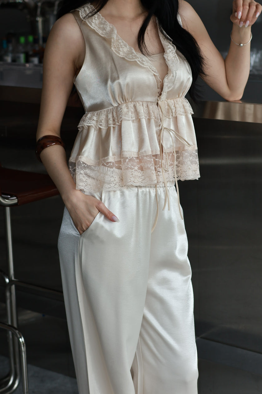 緞光渡假鬆緊寬褲-米白