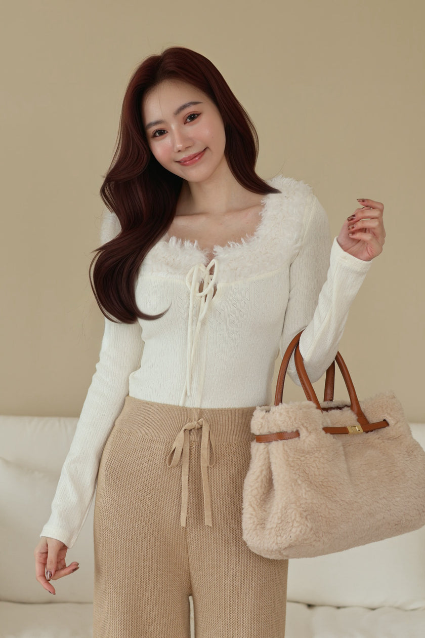 羊毛綁帶毛領針織上衣-白