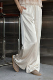 緞光渡假鬆緊寬褲-米白