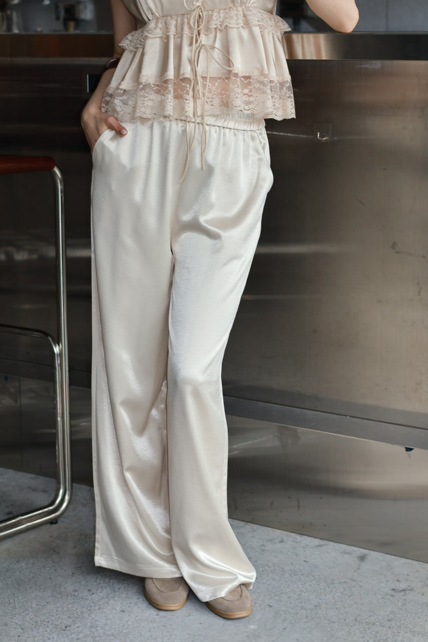 緞光渡假鬆緊寬褲-米白