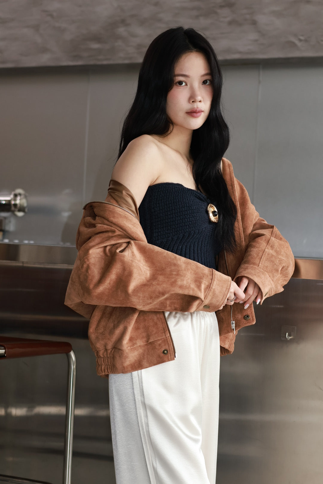 義式鉤織金屬平口上衣-藏藍