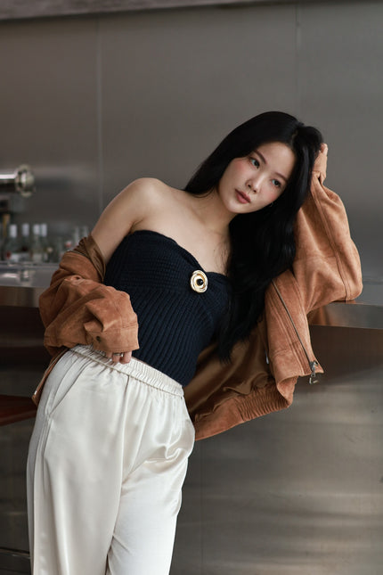 義式鉤織金屬平口上衣-藏藍